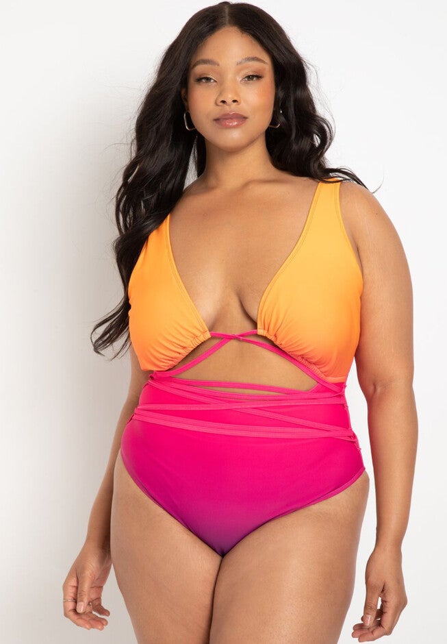 Gabi Fresh Swim x ELOQUII V-Neck Wrap Swimsuit with High Cut Leg, , on-hover image number null