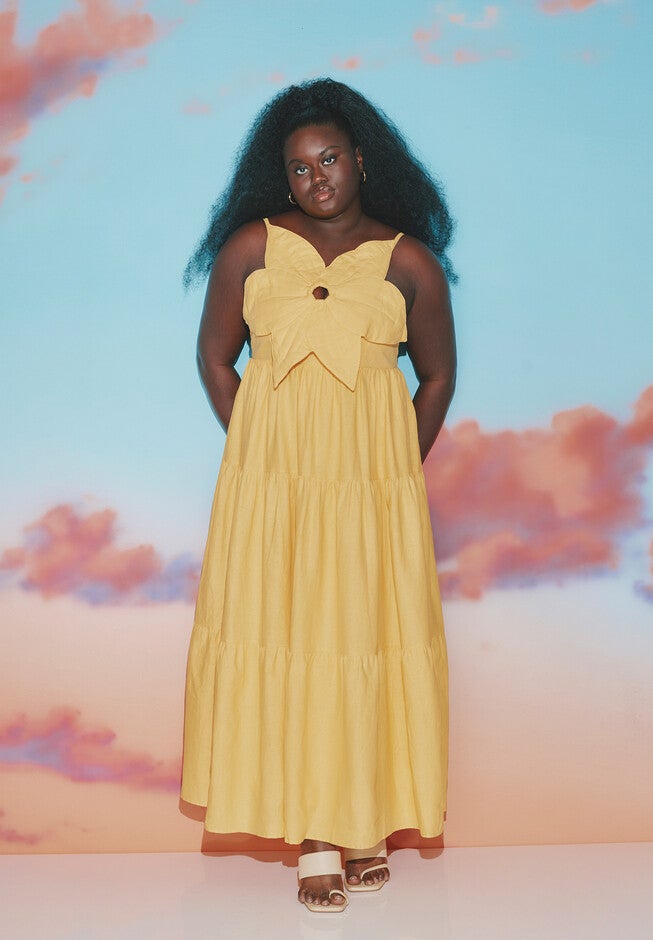 Flower Bustier Maxi Dress, SUNSHINE YELLOW, hi-res image number null