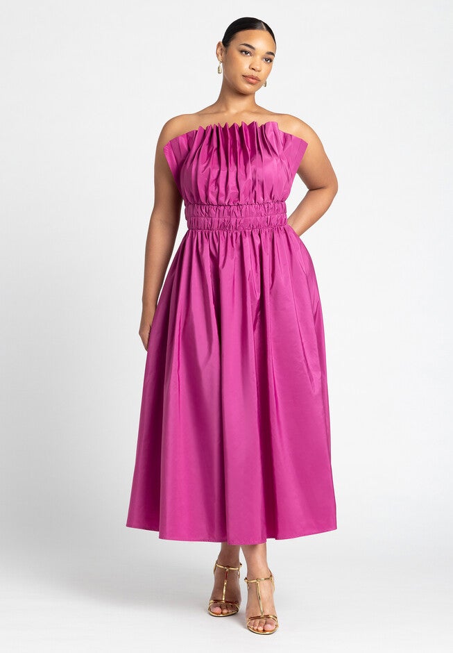 Pleated Ruffle Neckline Midi Dress, VIVID VIOLA, hi-res image number null