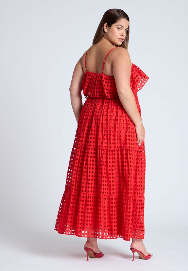 Ruffle Bodice Eyelet Maxi Dress, RED, on-hover image number null