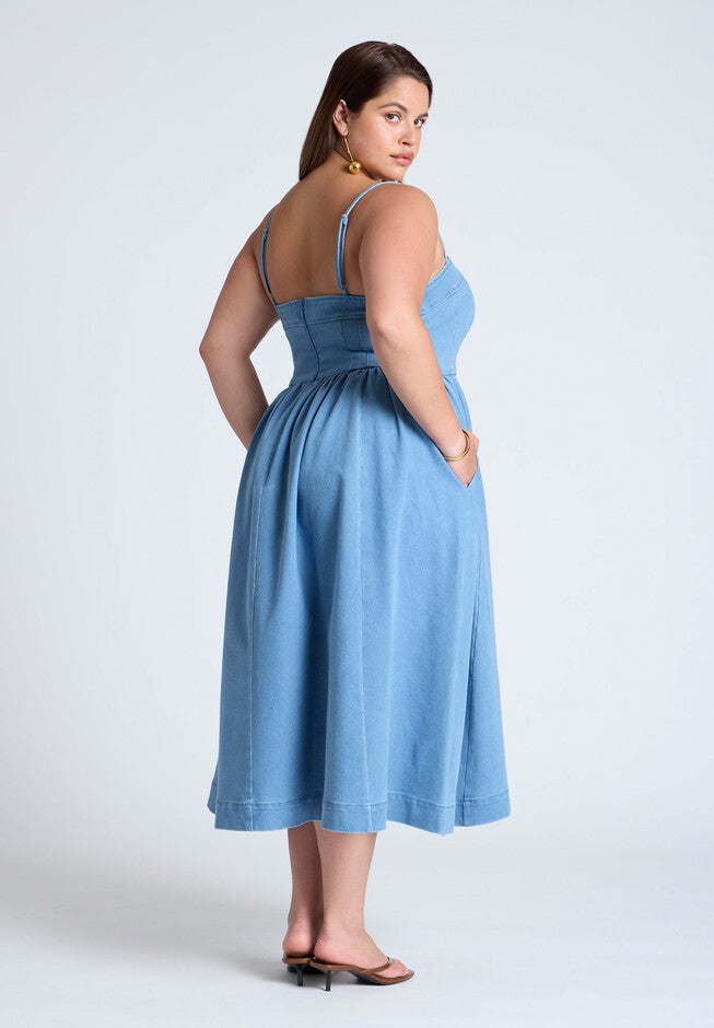Denim Corset Bodice Midi Dress, MEDIUM WASH, on-hover image number null