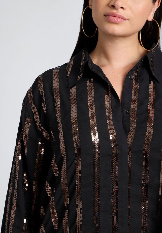 Sequin Stripe Oversized Button Up Shirt, BLACK AND BRONZE, alternate image number null