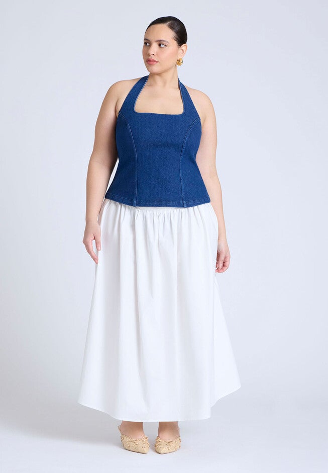 Comfort Stretch Denim Halter Top , MEDIUM WASH, alternate image number null