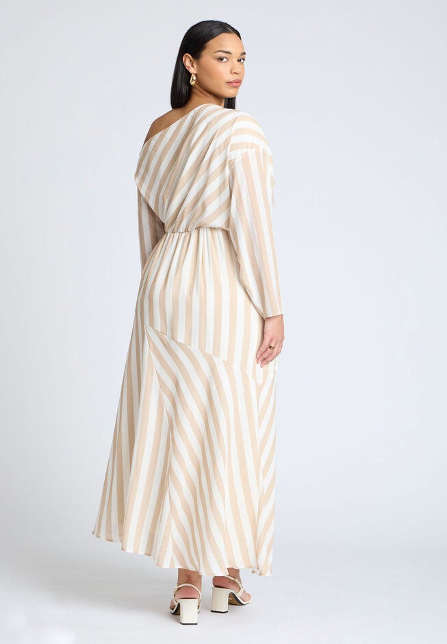 One Shoulder Stripe Asym Dress, BEIGE CREAM STRIPE, on-hover image number null