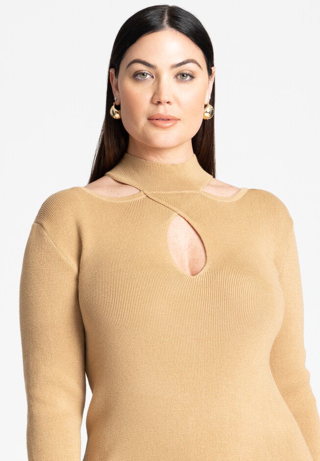 Keyhole Midi Sweater Dress, COFFEE CARAMEL, alternate image number null