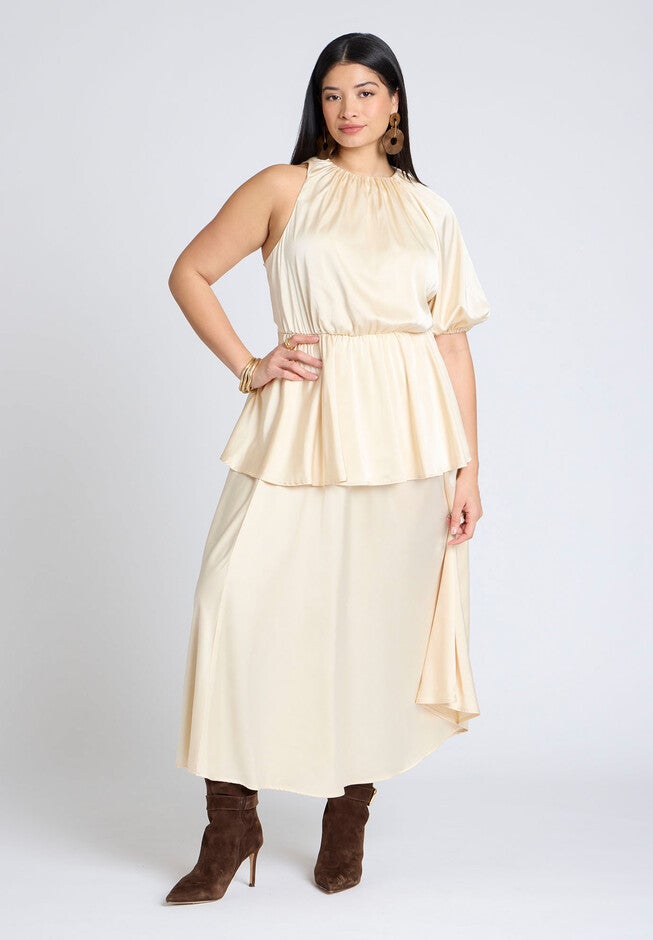 One Sleeve Satin Maxi Dress, PEACH PETAL, on-hover image number null