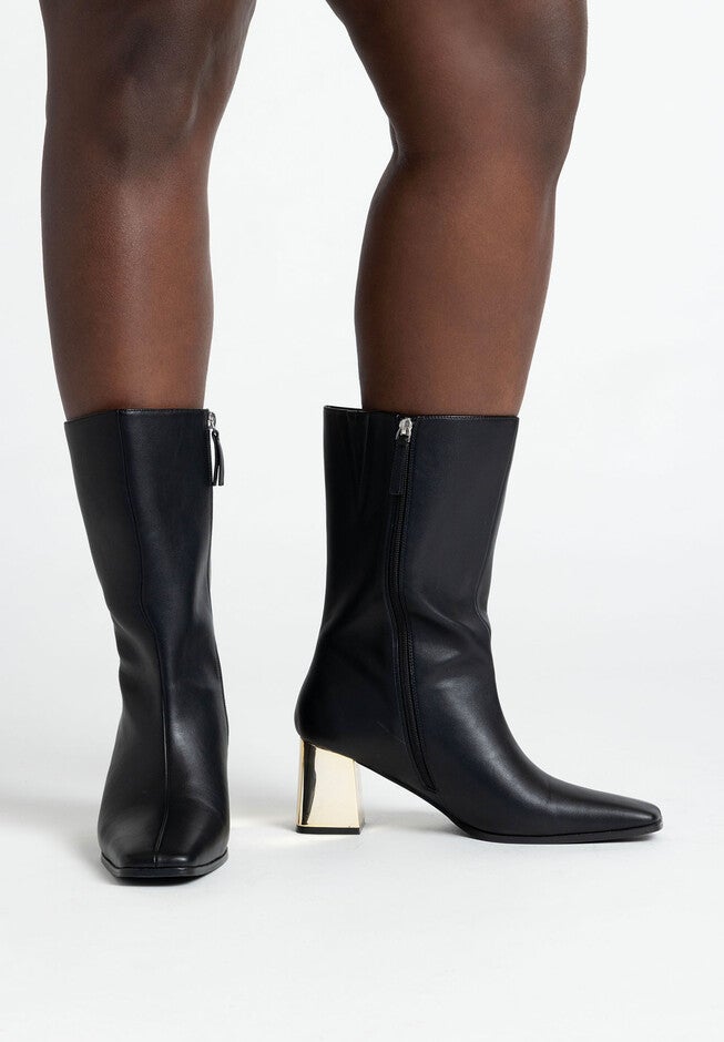 Mid Calf Boot with Block Heel, BLACK AND GOLD, hi-res image number null