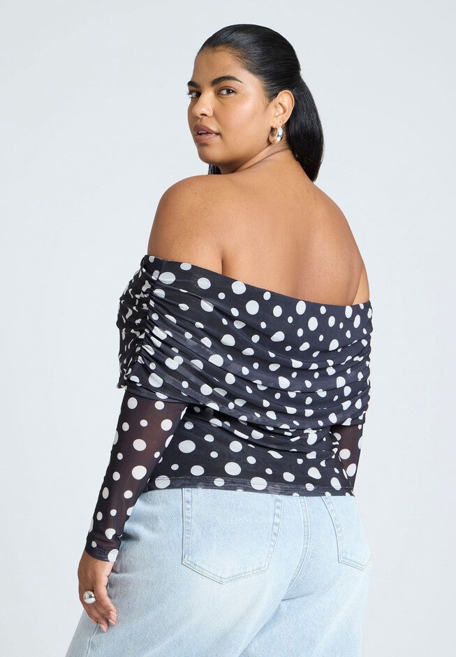 Off The Shoulder Polka Dot Top, BLACK AND WHITE, on-hover image number null