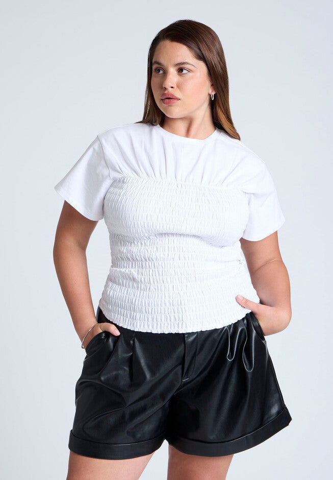 Short Sleeve Smocked Tee, WHITE, hi-res image number null