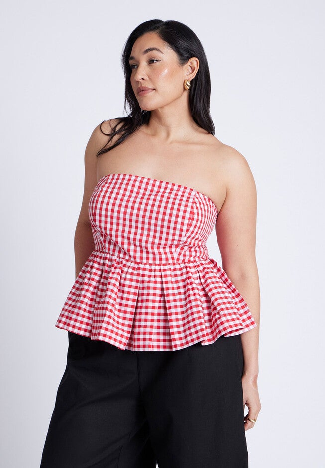 Gingham Peplum Top, SPRING GINGHAM RED, on-hover image number null