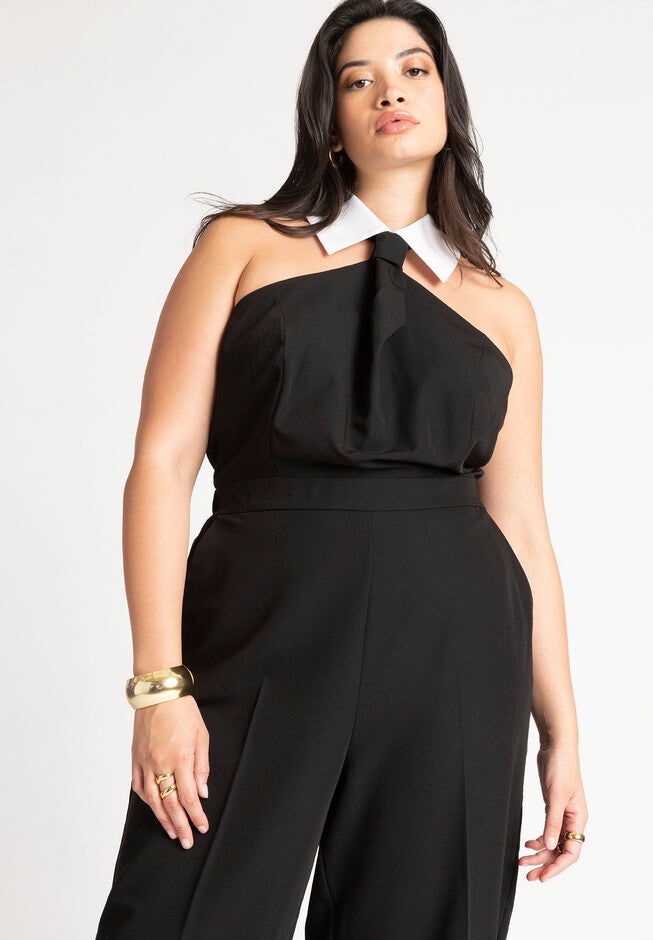 Faux Tie Collared Jumpsuit, , alternate image number null