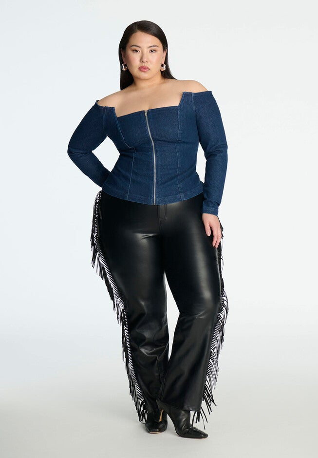 Comfort Stretch Denim Square Neck Top, MEDIUM INDIGO, alternate image number null