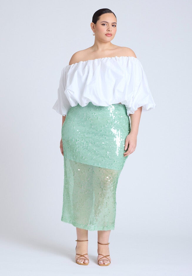 Semi Sheer Sequin Midi Skirt , SUBTLE GREEN, on-hover image number null