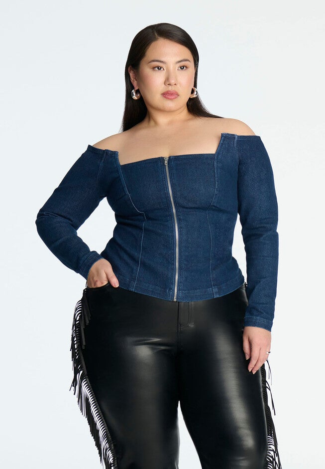Comfort Stretch Denim Square Neck Top, MEDIUM INDIGO, hi-res image number null