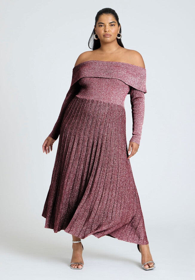 Lurex Off Shoulder Dress, BURGUNDY LUREX, hi-res image number null