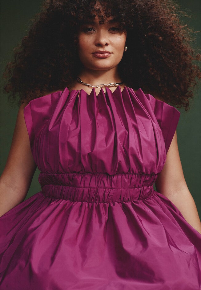 Pleated Ruffle Neckline Midi Dress, VIVID VIOLA, alternate image number null