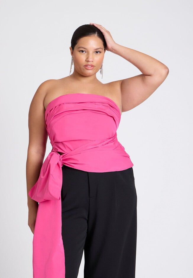 ELOQUII x kate spade new york Pleated Tie Detail Top, RHODAMINE RED, on-hover image number null