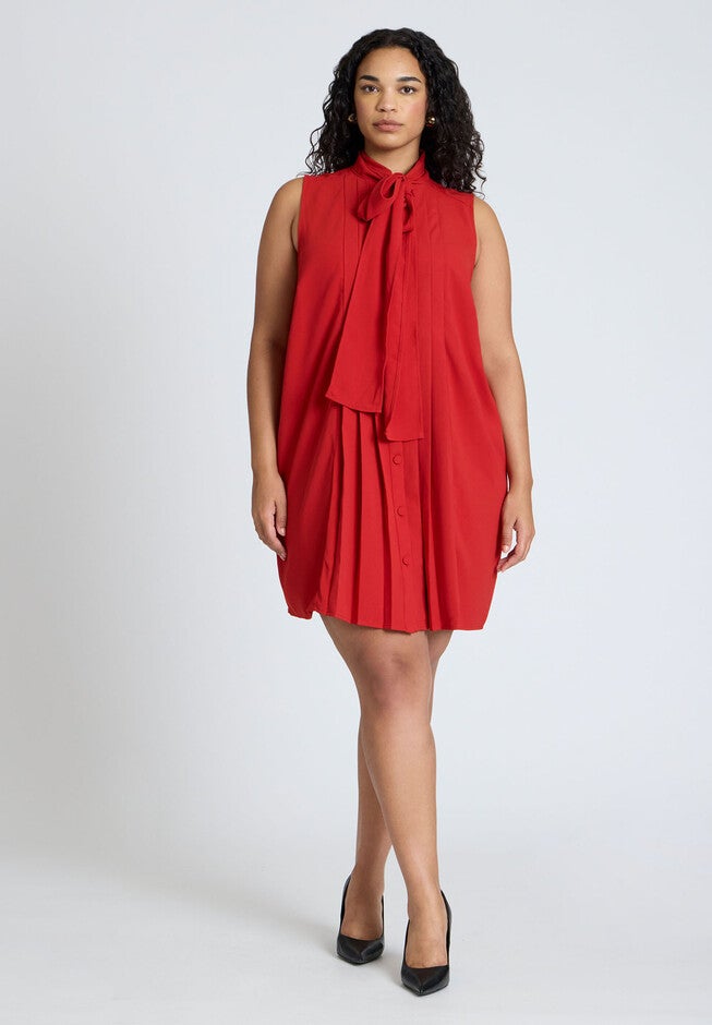 Pleated Bow Neck Mini Dress, SAVVY RED, hi-res image number null