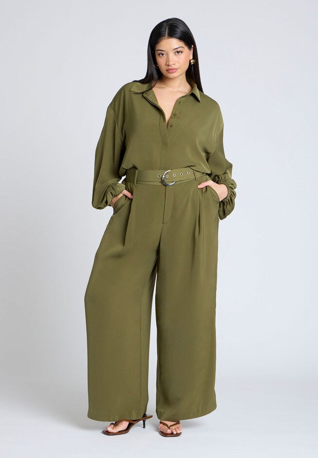 Wide Leg Belted Pant, BRONZE GREEN, on-hover image number null