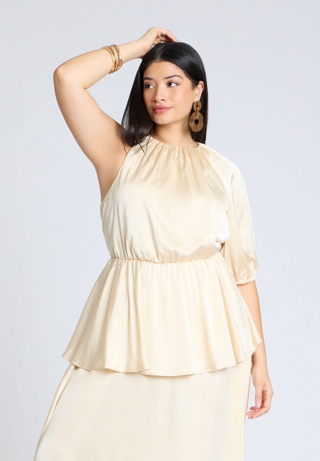 One Sleeve Satin Maxi Dress, PEACH PETAL, alternate image number null
