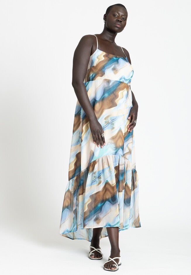 Printed Chiffon Flare Maxi Dress, SAND SWIRLS, on-hover image number null