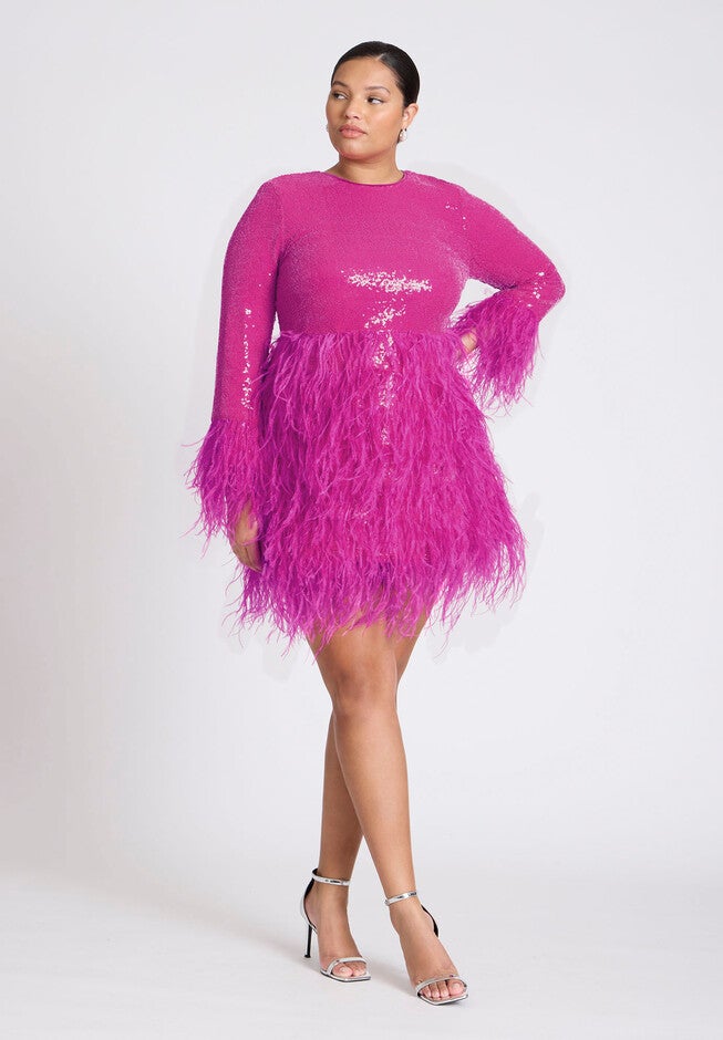 ELOQUII x kate spade new york Sequin And Feather Mini Dress, RHODAMINE RED, on-hover image number null