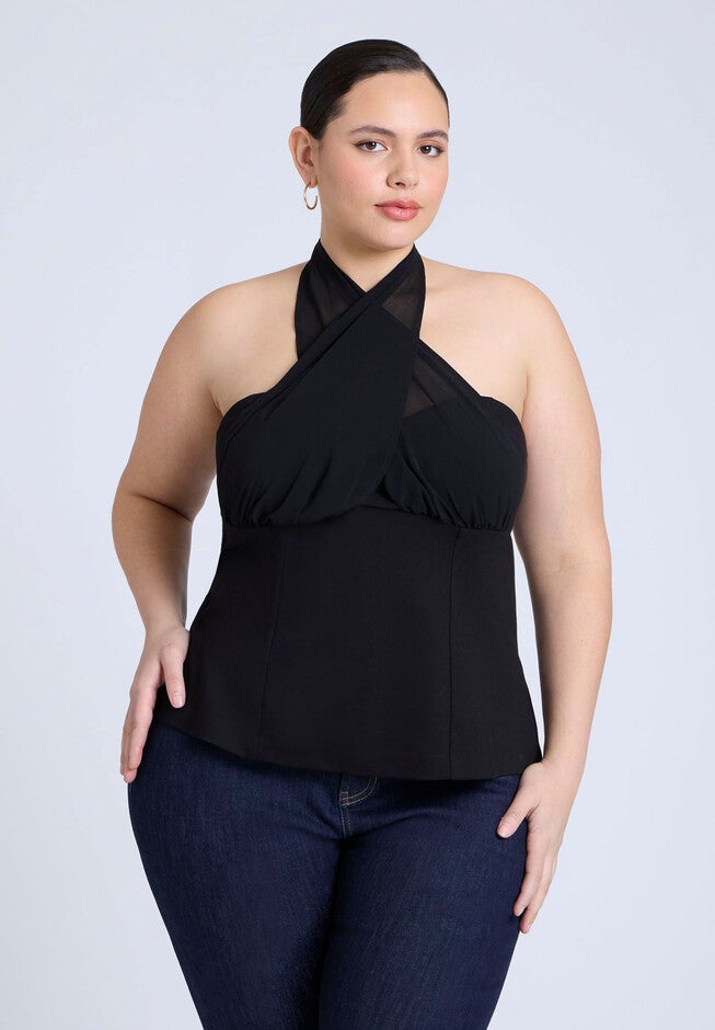 Chiffon Wrap Halter Top , BLACK ONYX, hi-res image number null