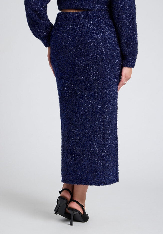 Metallic Sweater Skirt With Slit, NAVY, alternate image number null