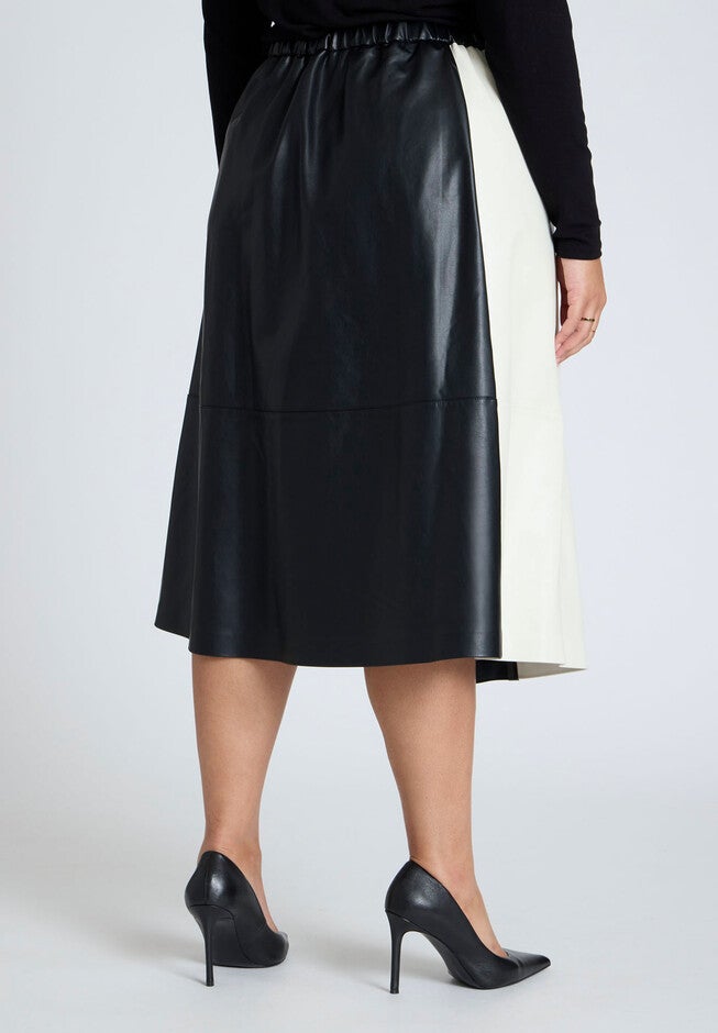 Colorblocked Faux Leather Full Midi Skirt, BLACK ONYX AND SUGAR SWIZZLE, alternate image number null