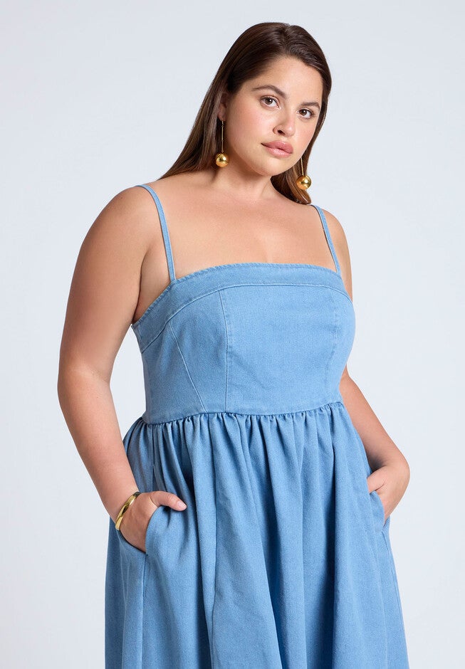 Denim Corset Bodice Midi Dress, MEDIUM WASH, alternate image number null