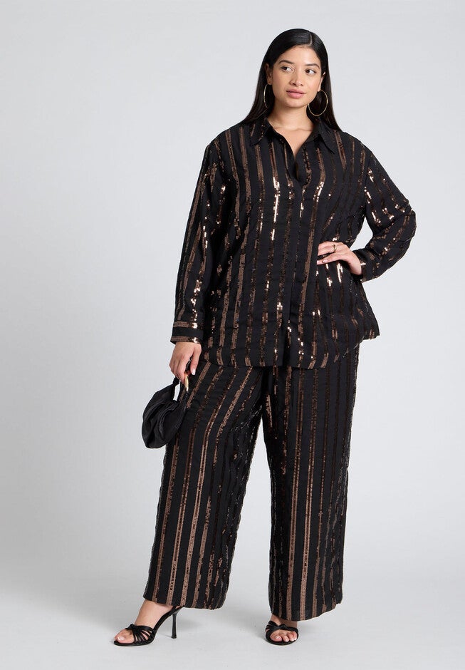 Relaxed Striped Sequin Pant, BLACK AND BRONZE, on-hover image number null