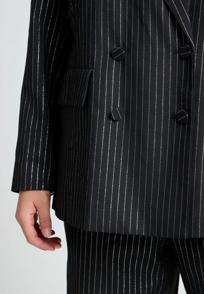 Shiny Pinstripe Blazer, BLACK AND SILVER, alternate image number null