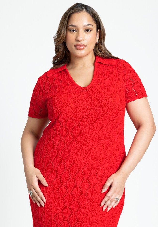 Crochet Maxi Dress With Collar & Fringe, HOT RED, alternate image number null