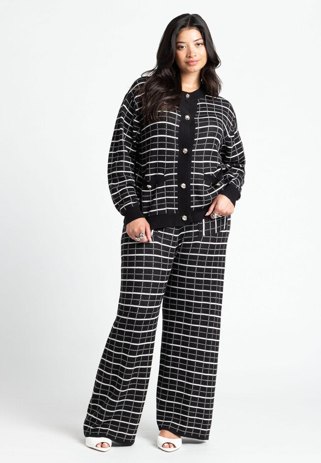 Knit Tweed Wide Leg Pant, BLACK WHITE PLAID, hi-res image number null