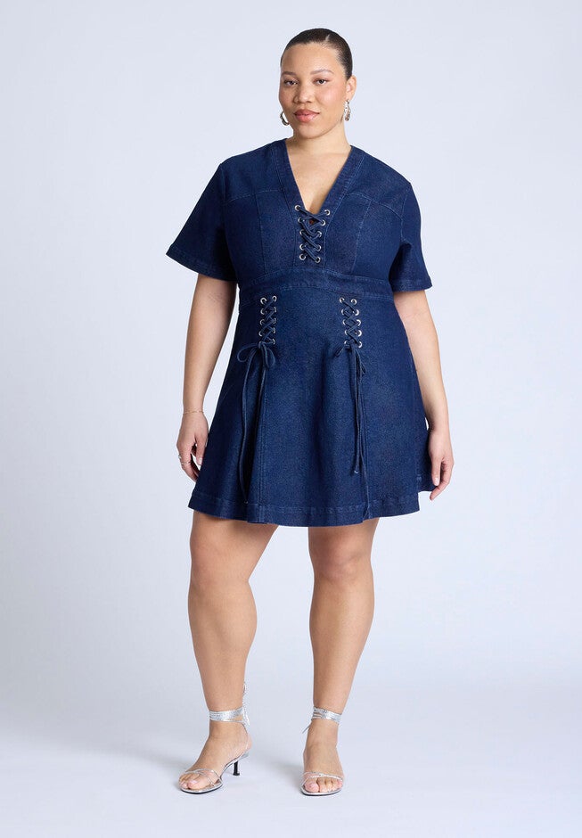 Lace Up Denim Mini Dress, DARK WASH, hi-res image number null