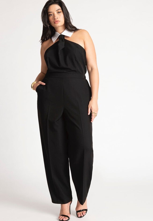 Faux Tie Collared Jumpsuit, BLACK ONYX, hi-res image number null