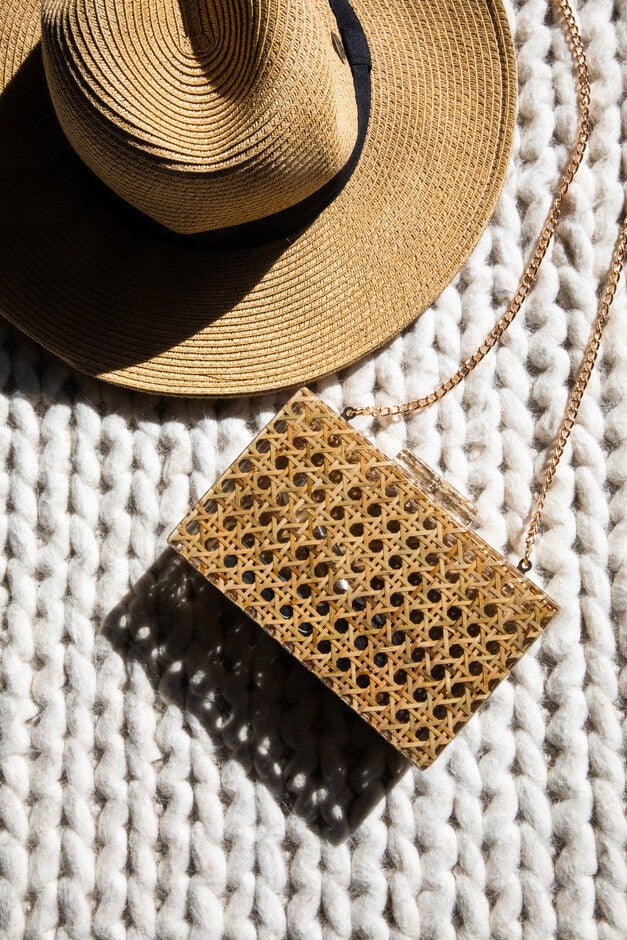 Cane Rattan Acrylic Clutch, BROWN, alternate image number 2