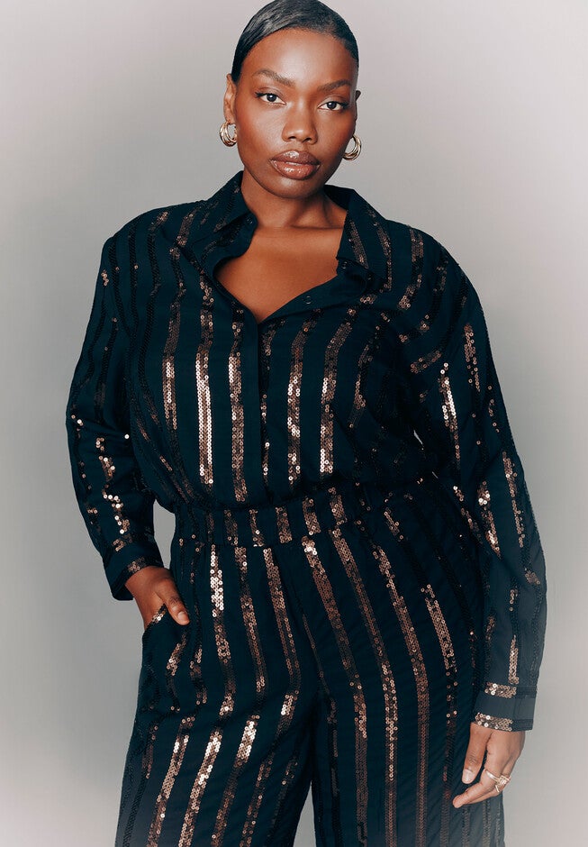 Sequin Stripe Oversized Button Up Shirt, BLACK AND BRONZE, hi-res image number null