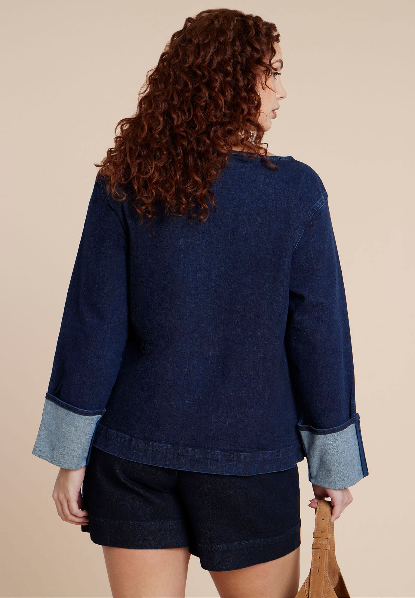 Cuffed Sleeve Denim Top, DARK WASH, alternate image number 2