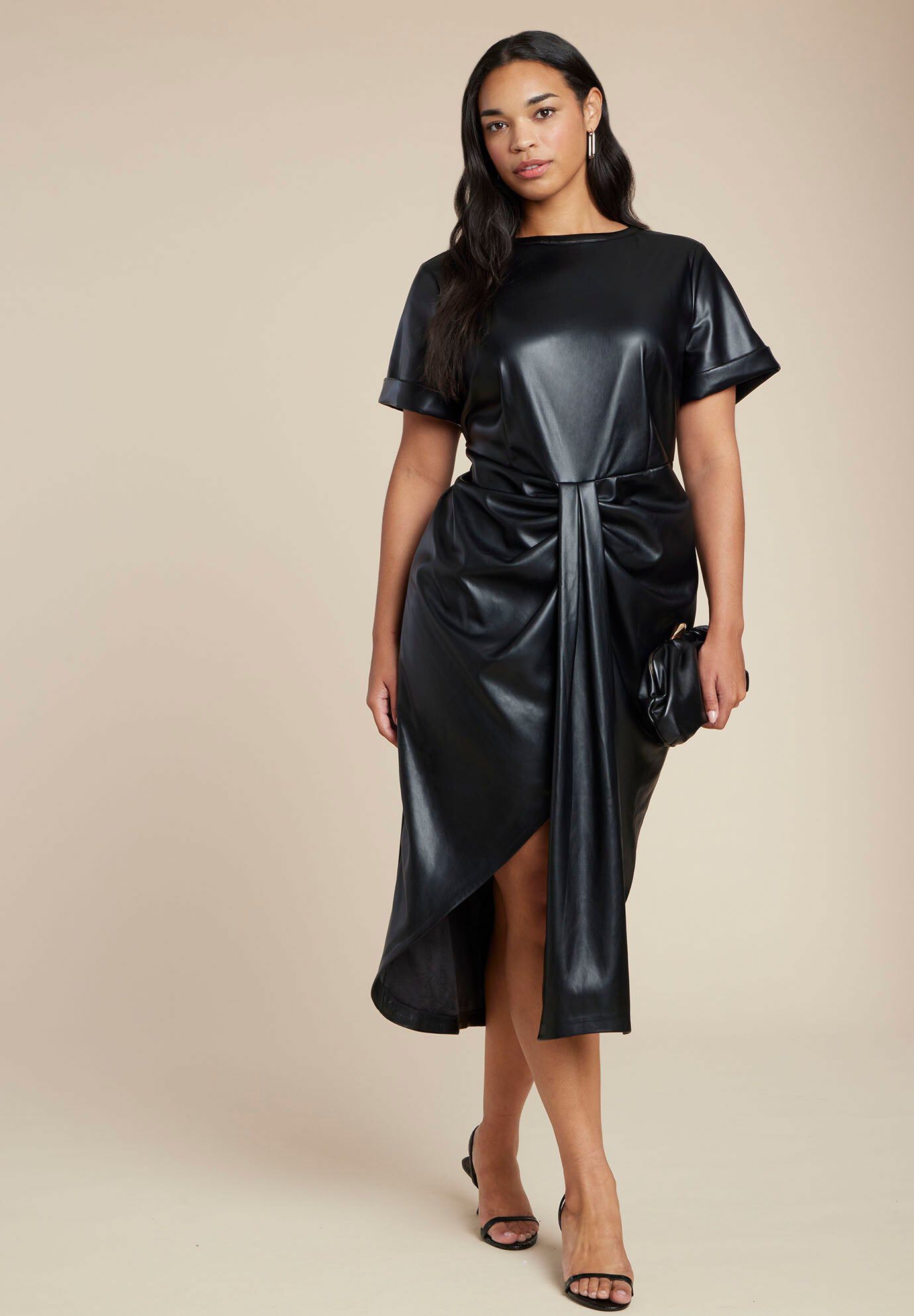 Faux Leather Tie Detail Dress, BLACK ONYX, hi-res image number 0