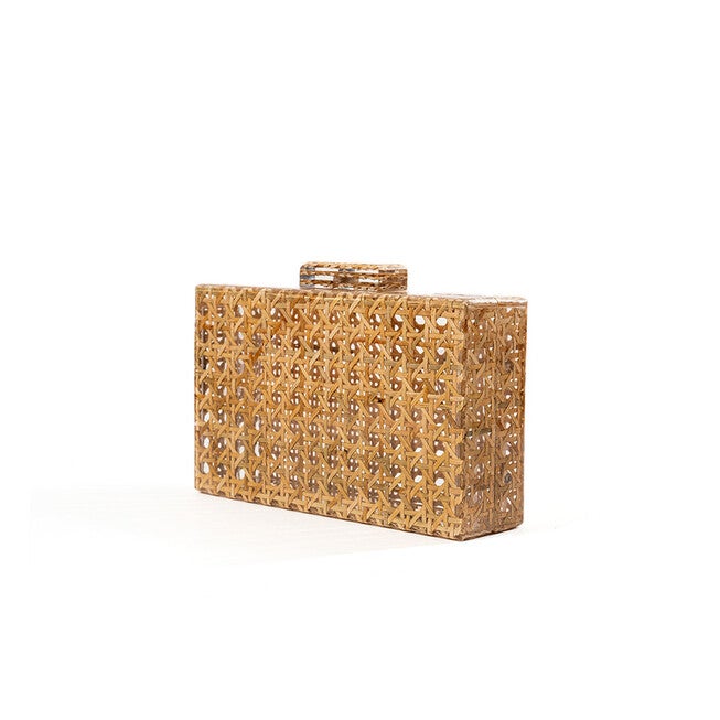 Cane Rattan Acrylic Clutch, BROWN, on-hover image number 1