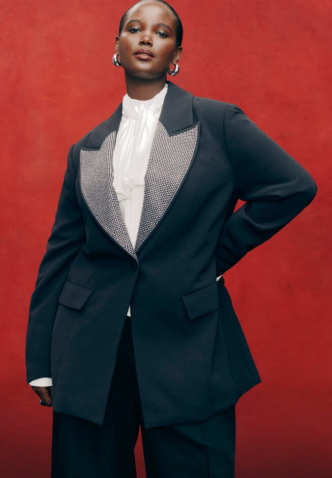 Embellished Lapel Oversized Blazer, BLACK ONYX, hi-res image number null