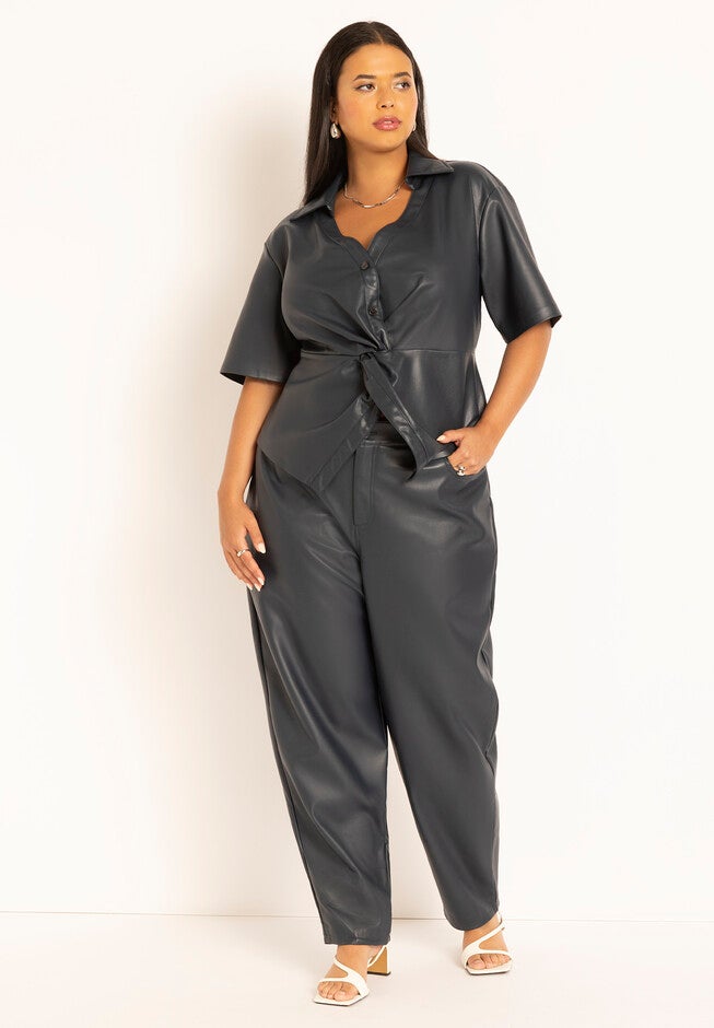 Faux Leather Short Sleeve Twist Top, , alternate image number null