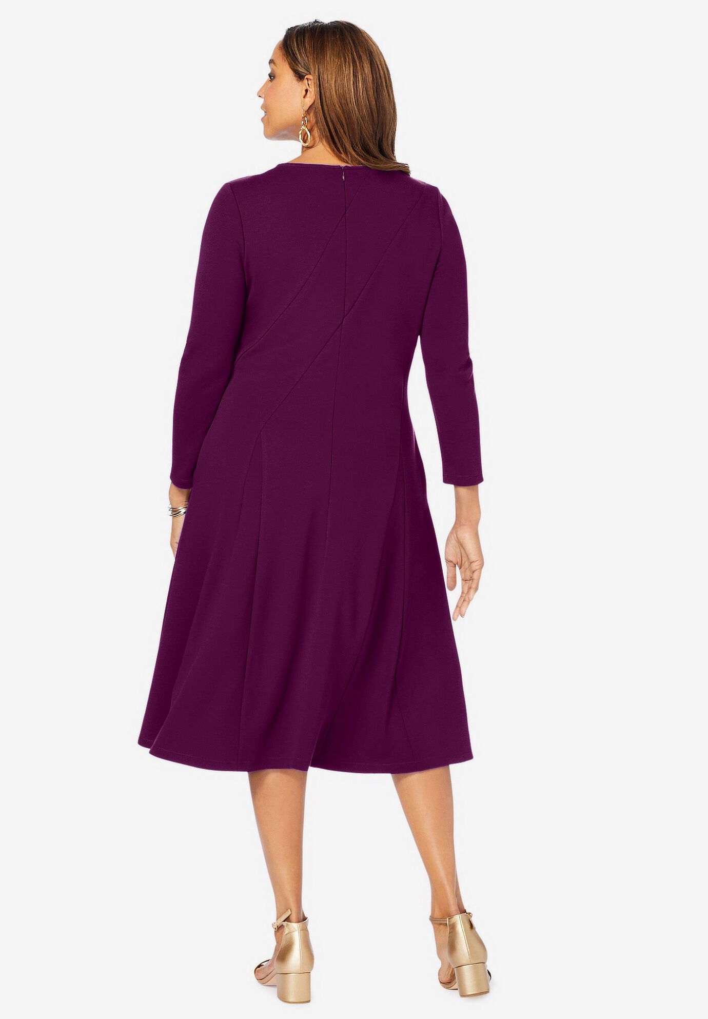 Long Sleeve Stretch Ponte Dress, DARK BERRY, on-hover image number 1