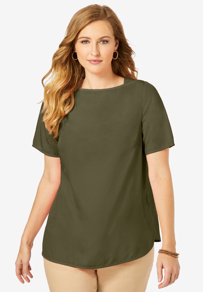 Short Sleeve Blouse, DARK OLIVE GREEN, hi-res image number null