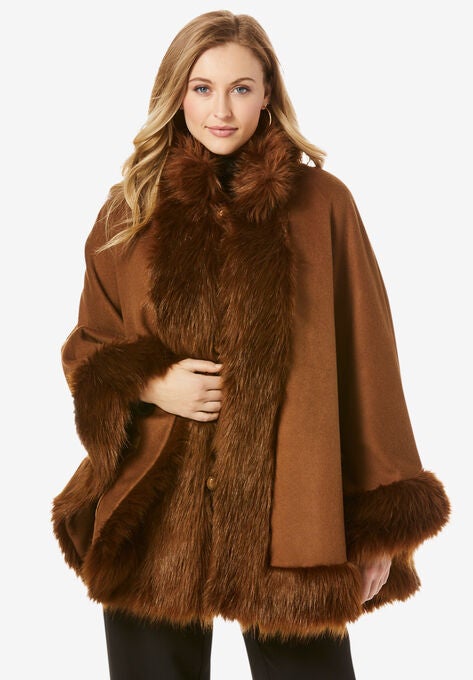 Faux Fur Trim Cape, NUTMEG, hi-res image number null
