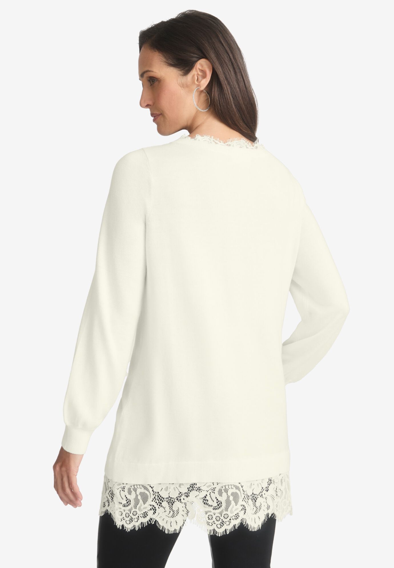 Lace Trim Pullover Sweater, IVORY, on-hover image number 1