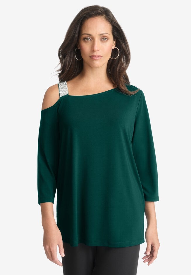 Embellished One Shoulder Top, EMERALD GREEN, hi-res image number null