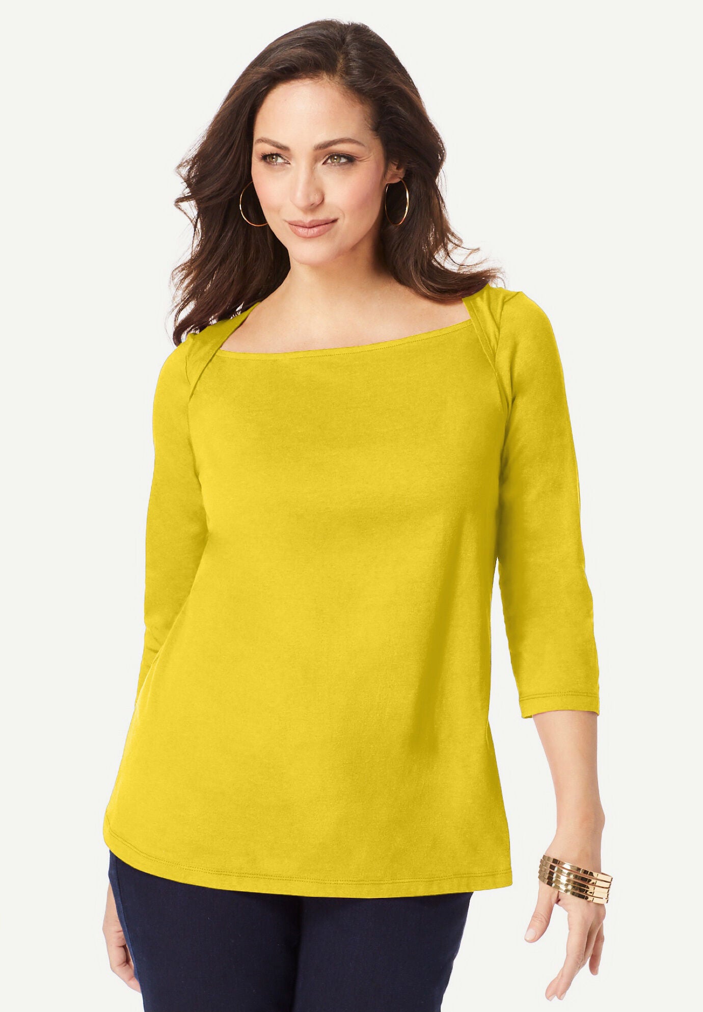 Envelope Neckline Tee, OLIVE YELLOW, hi-res image number 0