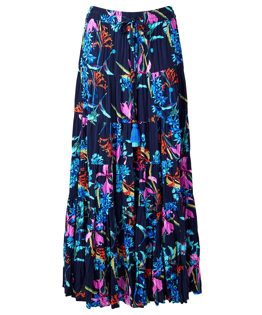 Boho Tiered Maxi Skirt, FLORAL TROPICAL, alternate image number 4